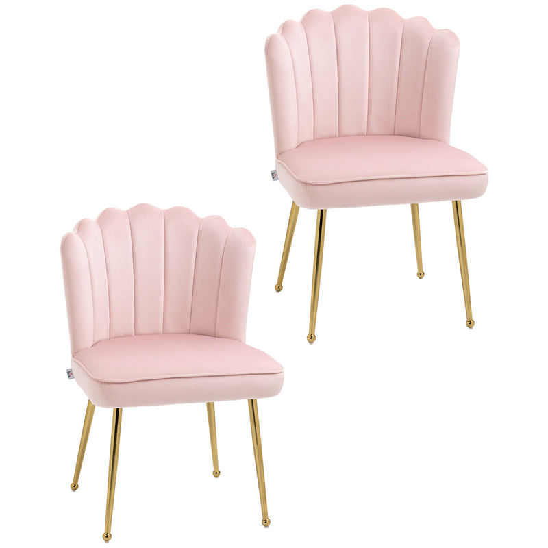 Set of 2 Velvet Shell Dining Chairs with Gold Legs for Kitchen or Lounge Pink