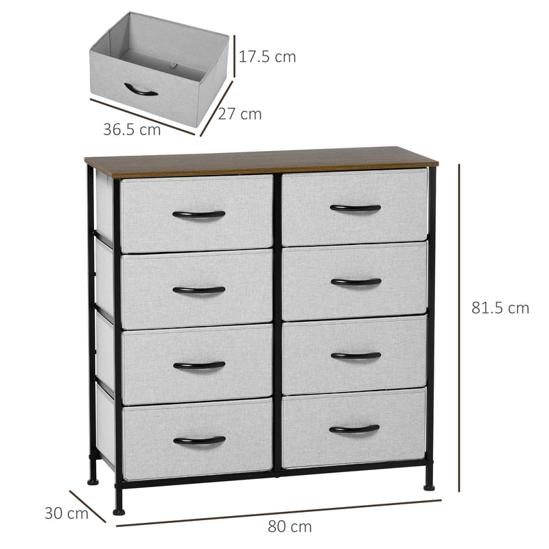 8 Drawer Fabric Storage Chest With Wooden Top For Bedroom Nursery Or Hallway Grey