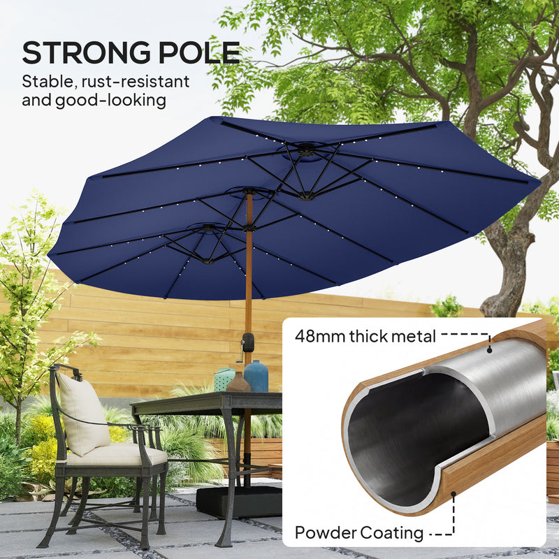 Double Garden Parasol with Extra-Large Canopy and Lights for Shaded Outdoor Dining. Navy Blue