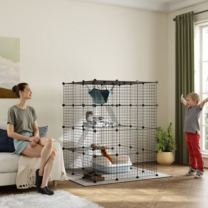Black Steel Wire Cat Cage with Hammock and Ramps for 1-3 Cats by PawHut