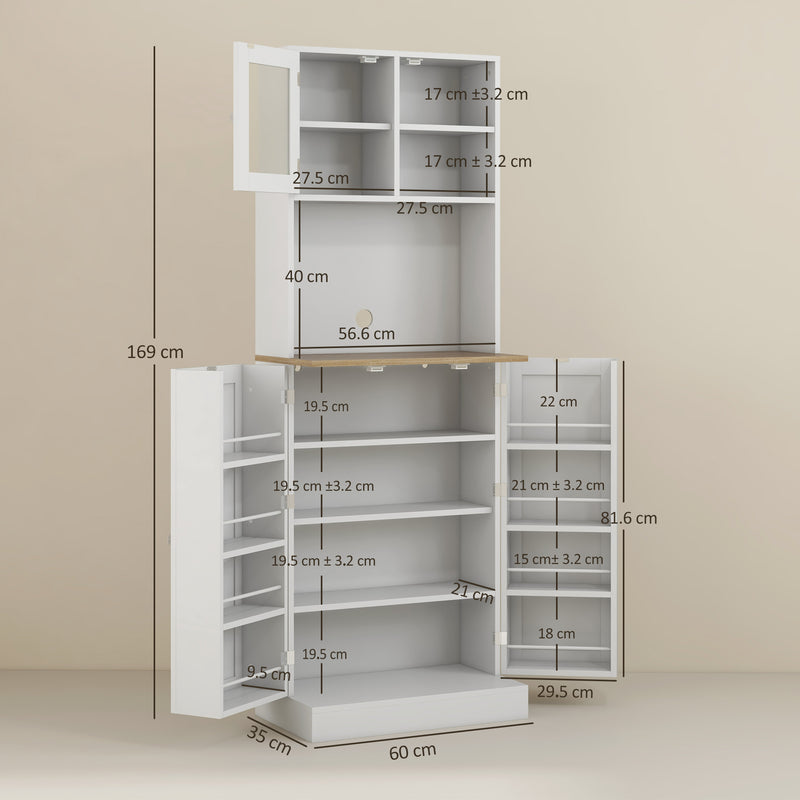 White Kitchen Pantry Cabinet with Microwave Shelf & Adjustable Shelves 60 × 35 × 169cm Homcom