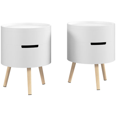 Set of 2 Round Side Tables with Storage and Removable Tray for Living Room, White