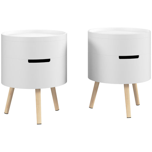 Set of 2 Round Side Tables with Storage and Removable Tray for Living Room, White
