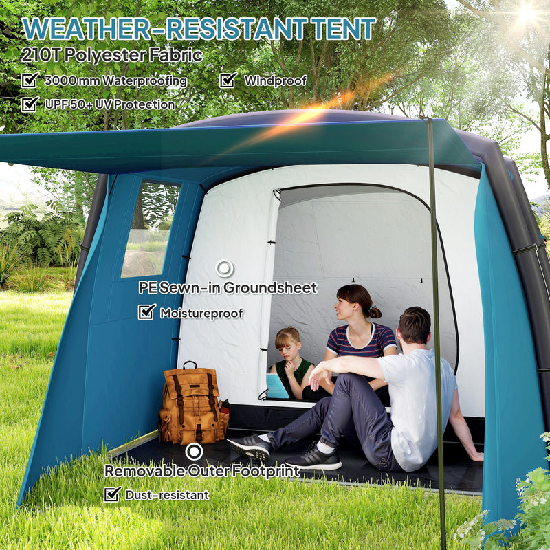 Inflatable Family Camping Tent Quick Pitch Waterproof Shelter with Living Area Blue