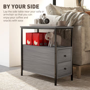 Narrow Grey Wood Bedside Table with 2 Drawers and Shelf for Small Spaces