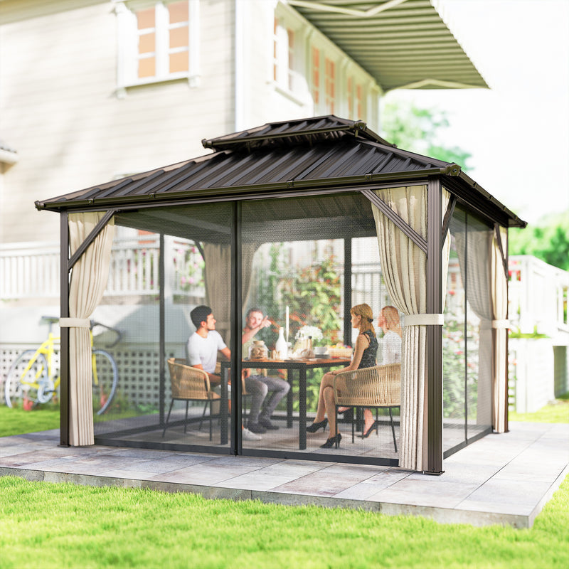Permanent Garden Gazebo with 2 Tier Steel Roof, Curtains and Netting for Year Round Shelter and Privacy, Brown & Black