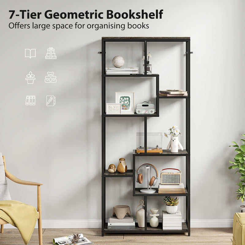 Tall 7 Tier Shelving Unit for Organised Book and Ornament Storage Grey Black