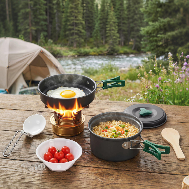 Camping Cookware Set for Two with Quick-Heating Pans and Space-Saving Nesting Design Grey Green