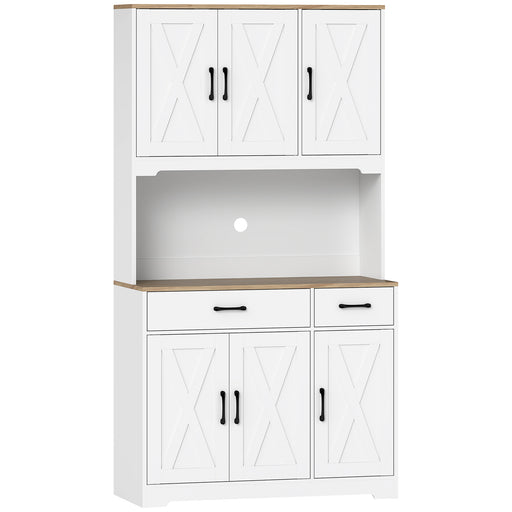Kitchen Storage Cabinet with Adjustable Shelves and Barn Doors for Organised Cooking Natural Wood White AOSOM