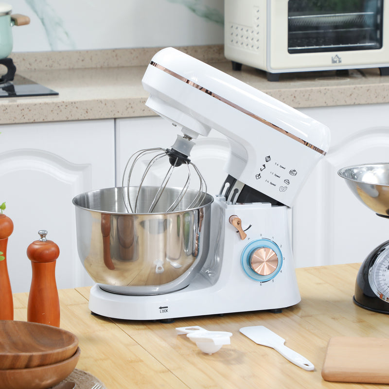 White 1400W Stand Mixer 5L with 6 Speeds Dough Hook Whisk and Splash Guard by HOMCOM