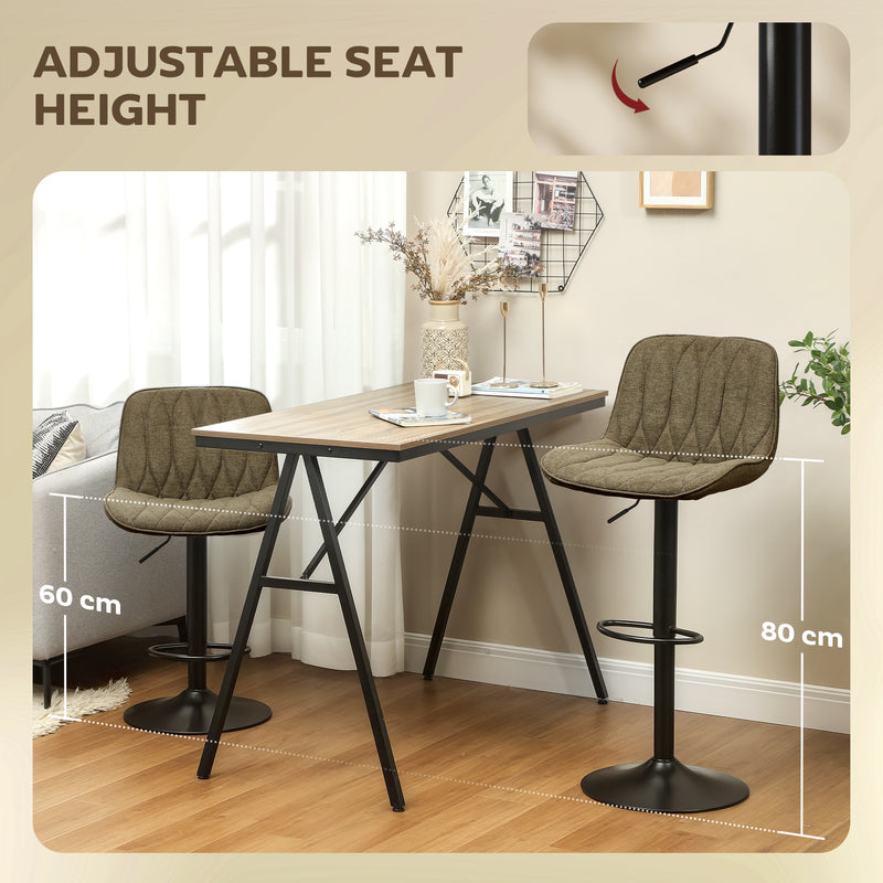 Set of Two Linen Look Bar Stools with Cushioned Seats for Kitchen or Home Bar, Brown