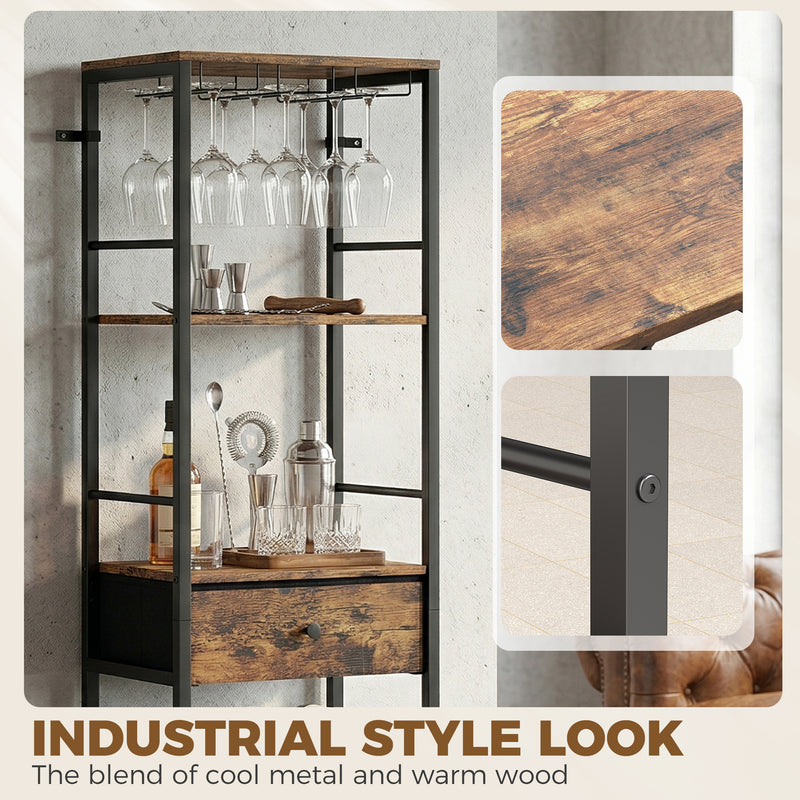 Slim Wine Rack for Small Spaces with Bottle and Glass Storage Rustic Brown Black Homcom