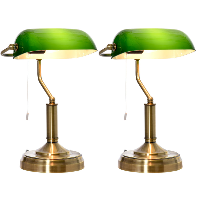 HOMCOM Banker's Table Lamps Set of 2, Desk Lamps with Antique Bronze Tone Base, Green Glass Shade and Pull Rope Switch for Home Office, Living Room, Bedroom, Dining Room, Green AOSOM