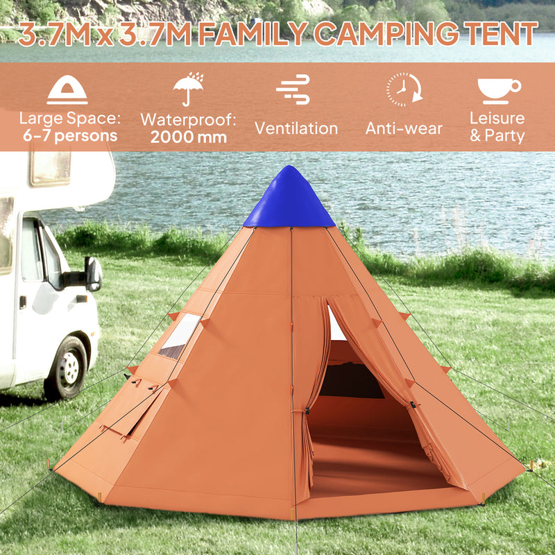 6 Person Tipi Tent with Easy Setup and Spacious Interior for Family Camping Orange Blue