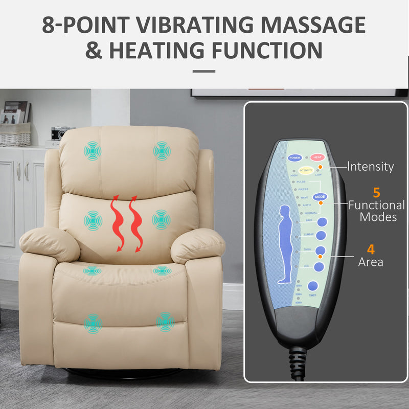 Reclining Massage Chair with Heat and Swivel Base Manual Recliner with Footrest Beige