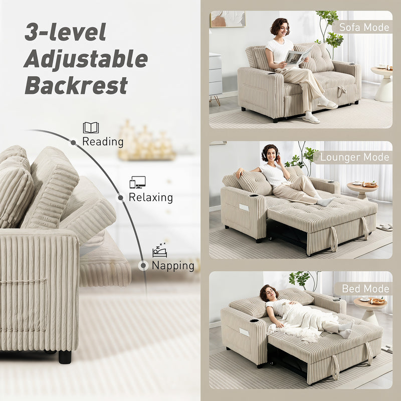 2 Seater Pull Out Sofa Bed with Cup Holders and Storage Pockets for Guests Cream White