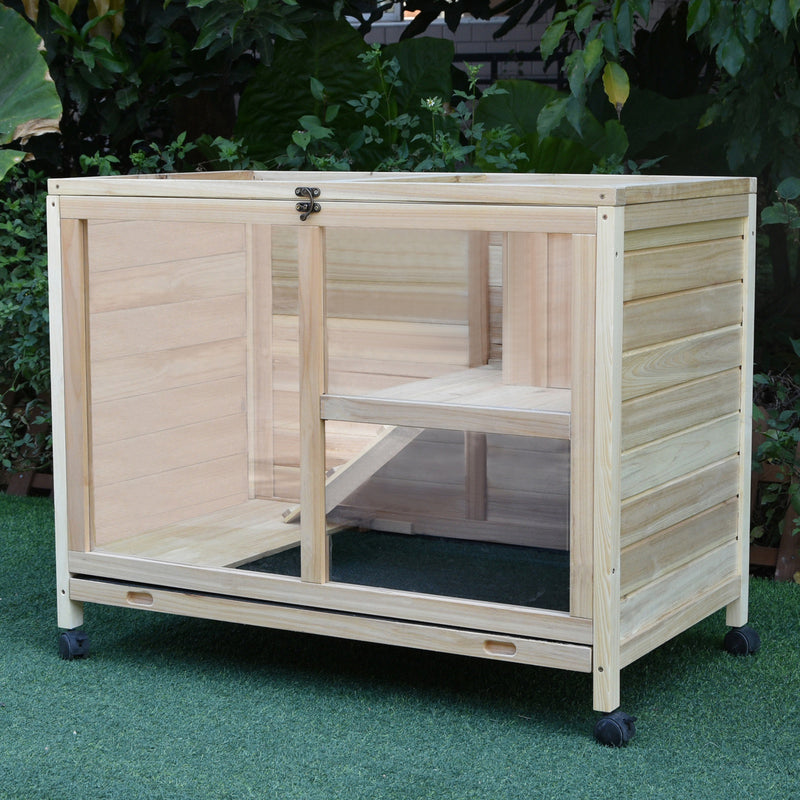 Indoor Wooden Guinea Pig Hutch with Two Levels Ideal for Small Pets, Natural Wood