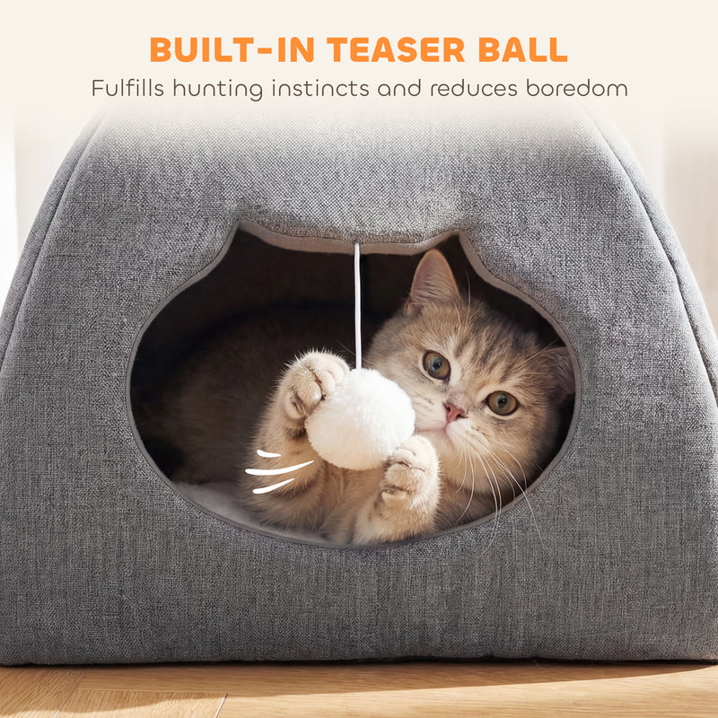 Cat House with Reversible Cushion and Toy Ball for Cosy Indoor Rest Grey White AOSOM
