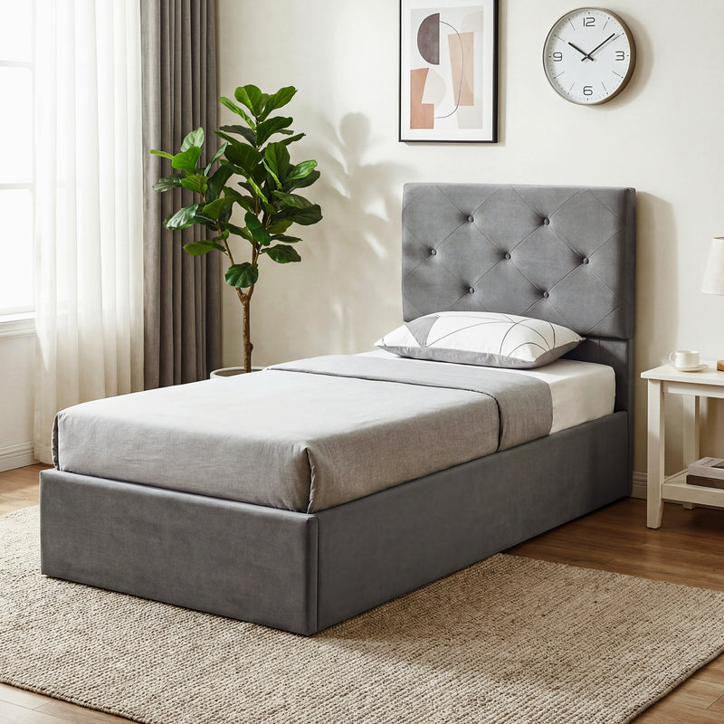 Single Ottoman Bed Frame with Gas Lift Storage and Padded Velvet Headboard, Dark Grey Homcom
