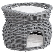 2 Tier Wicker Cat House with Washable Cushions Elevated Pet Bed for Kittens, Grey