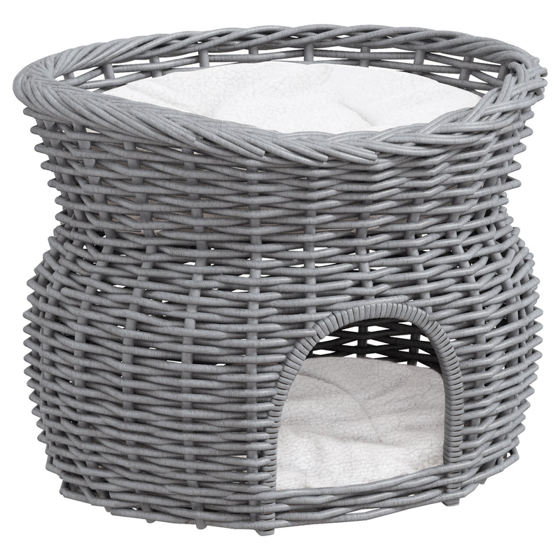 2 Tier Wicker Cat House with Washable Cushions Elevated Pet Bed for Kittens, Grey