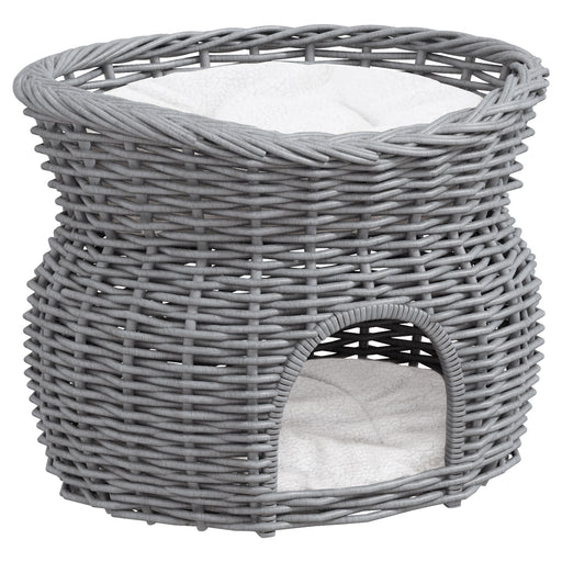 2 Tier Wicker Cat House with Washable Cushions Elevated Pet Bed for Kittens, Grey