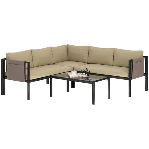 4 Piece Metal Garden Furniture Set with Glass Table and Padded Cushions Khaki by Outsunny