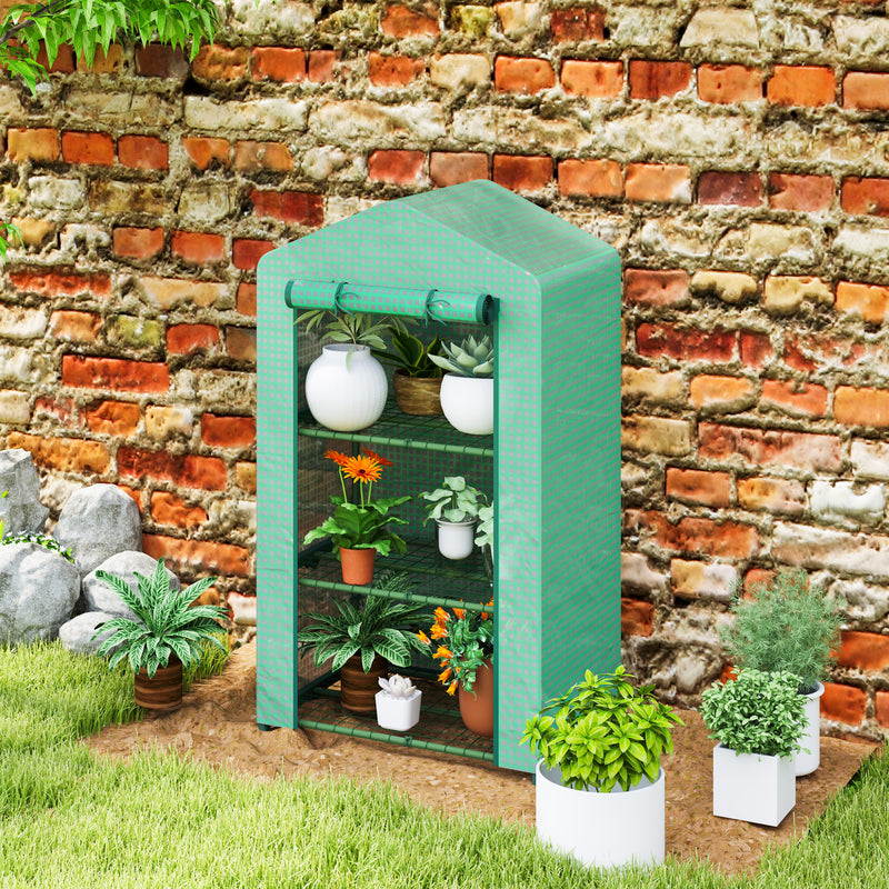3 Tier Portable Mini Greenhouse With Roll Up Door and Shelves For Garden Use Green AOSOM