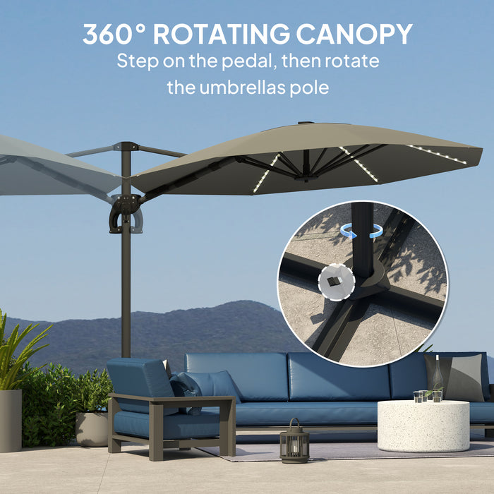 Dark Grey 3m Cantilever Garden Parasol with Solar Lights Crank Handle UPF 50+ and 360Â° Rotation by Outsunny