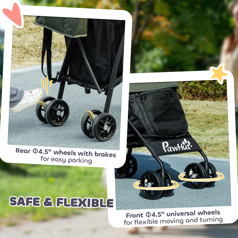 Dark Green Lightweight Dog Stroller with Umbrella Canopy Storage Bag and Cup Holder by PawHut AOSOM