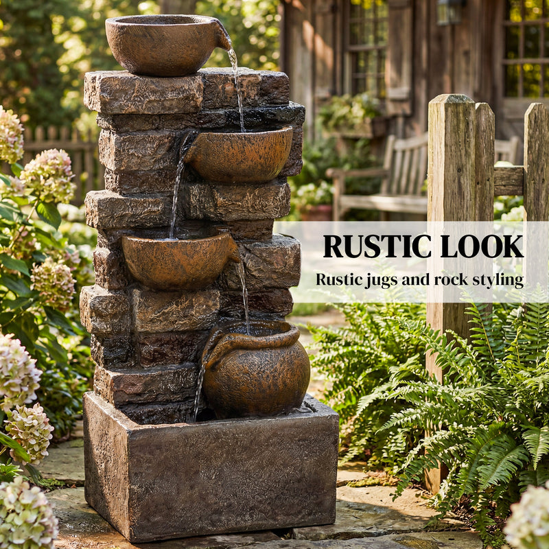 Garden Water Fountain with Calming Cascading Tiers and LED Lights for Relaxing Evenings Rustic Brown Outsunny