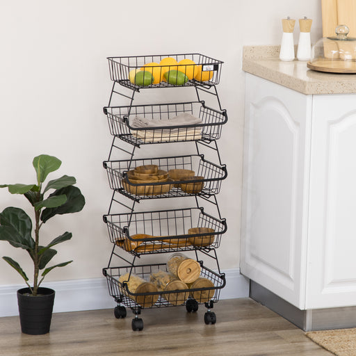 HOMCOM 5 Tier Storage Trolley, Stackable Fruit Vegetable Cart for Kitchen, Living Room, 40 x 2 x 97 cm, Black AOSOM