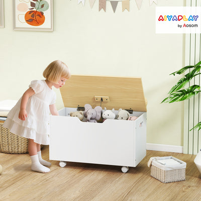 Toy Storage Chest with Wheels and Safety Hinges for Toddlers Playroom or Bedroom White AOSOM