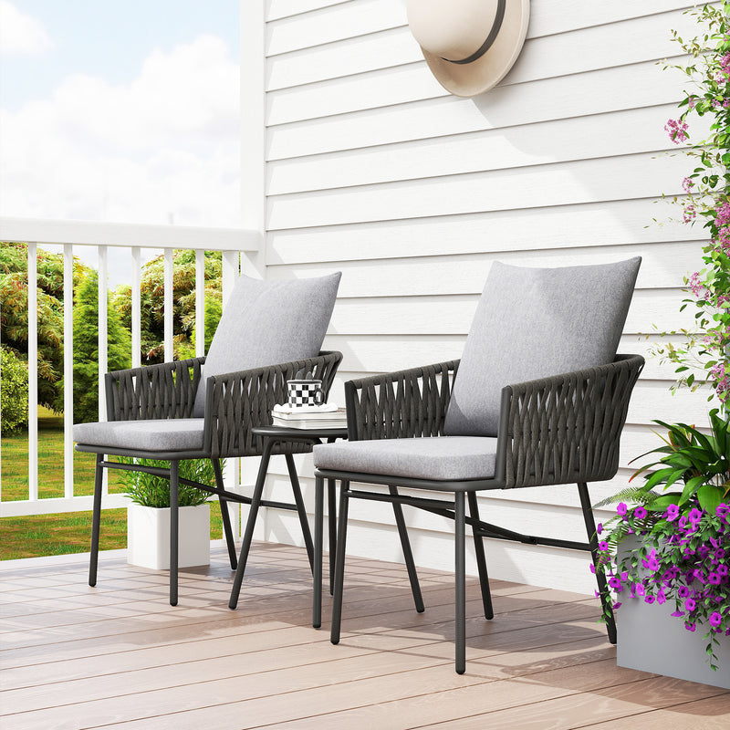 Grey 3 Piece Rattan Bistro Set with Cushions for Garden Balcony and Patio