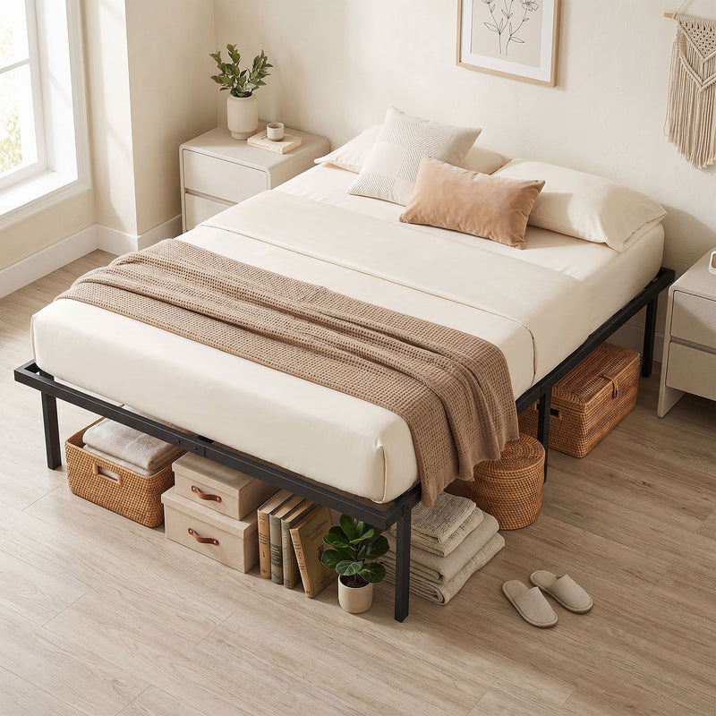 Black King Size Metal Bed Frame with Quiet Support and Underbed Storage