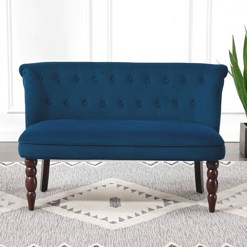 Dark Blue Velvet 2 Seater Wingback Sofa With Button Tufting And Wooden Legs For Living Room