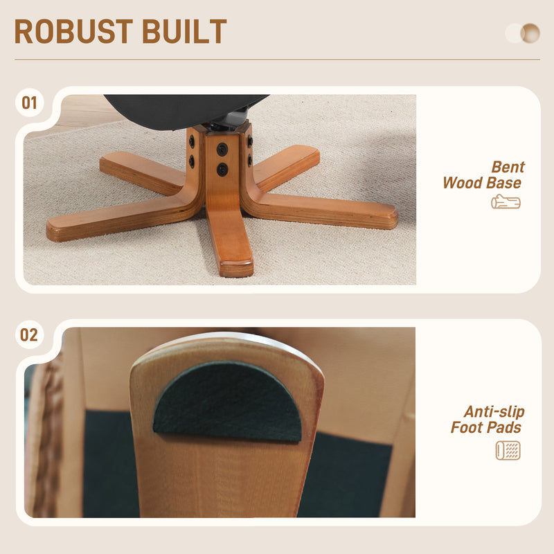 Black Faux Leather Reclining Armchair with Matching Footstool and Curved Wood Base for Living Room