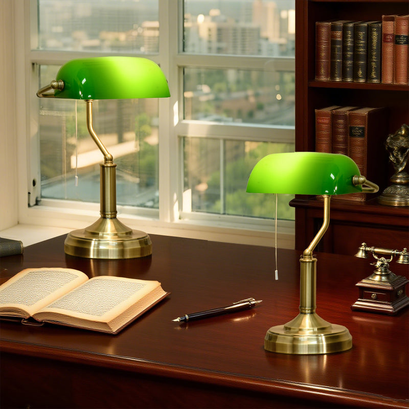 HOMCOM Banker's Table Lamps Set of 2, Desk Lamps with Antique Bronze Tone Base, Green Glass Shade and Pull Rope Switch for Home Office, Living Room, Bedroom, Dining Room, Green AOSOM