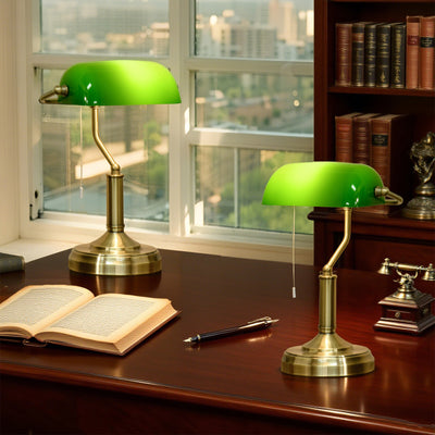 HOMCOM Banker's Table Lamps Set of 2, Desk Lamps with Antique Bronze Tone Base, Green Glass Shade and Pull Rope Switch for Home Office, Living Room, Bedroom, Dining Room, Green AOSOM
