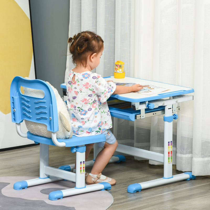 Blue Kids Height Adjustable Desk and Chair Set With Tilting Top and Storage Drawer