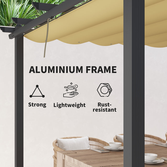 Khaki 3 x 3m Aluminium Pergola with Retractable Roof for Garden and Patio by Outsunny