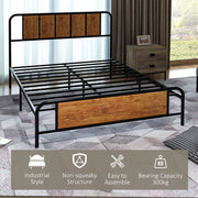 Double Bed Frame with Wood Headboard and Steel Slats for Storage and Support Rustic Brown