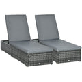 Grey Rattan Sun Loungers Set of 2 With Cushions and 5 Position Reclining Backrests