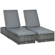 Grey Rattan Sun Loungers Set of 2 With Cushions and 5 Position Reclining Backrests