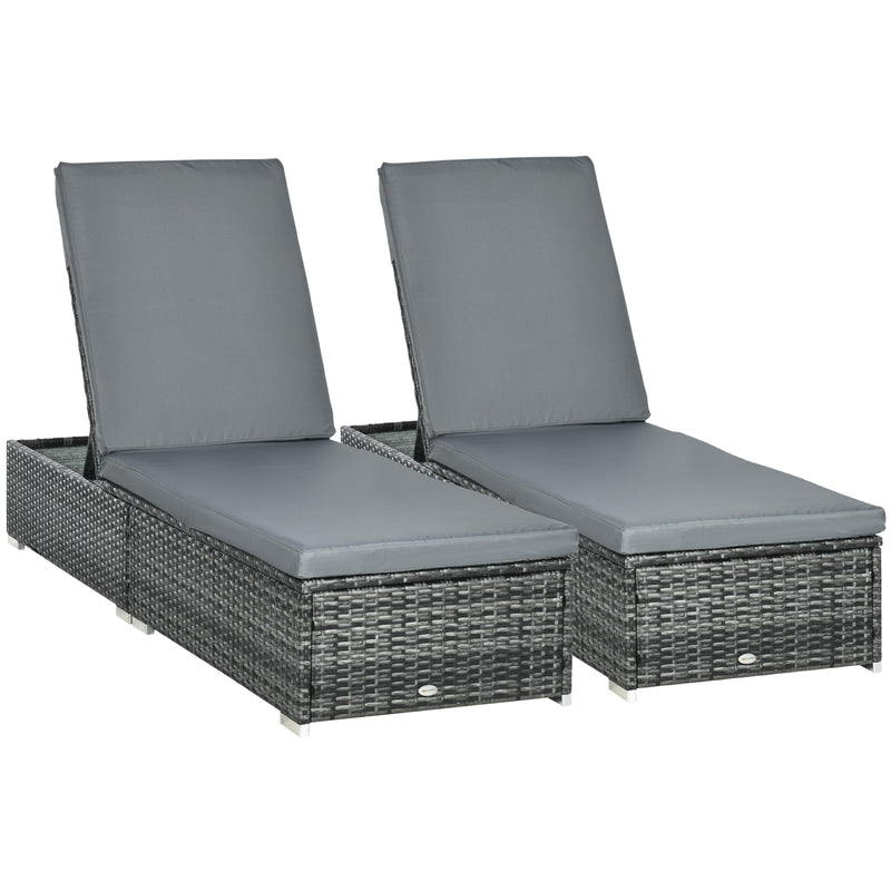 Grey Rattan Sun Loungers Set of 2 With Cushions and 5 Position Reclining Backrests