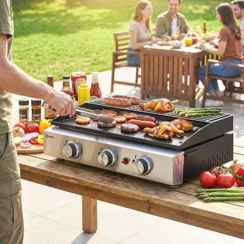 Gas BBQ with 3 Burners and Warming Rack for Easy Outdoor Cooking Black