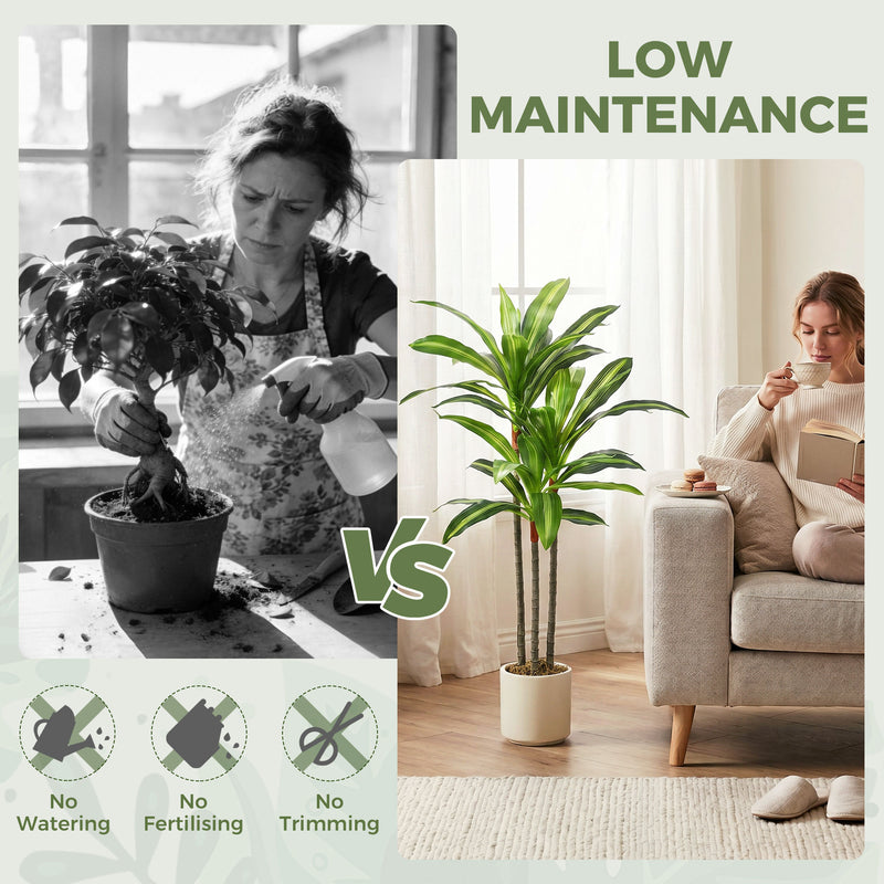 Artificial Dracaena Trees Set of 2 for Easy Maintenance Indoor Greenery with White Planters Green