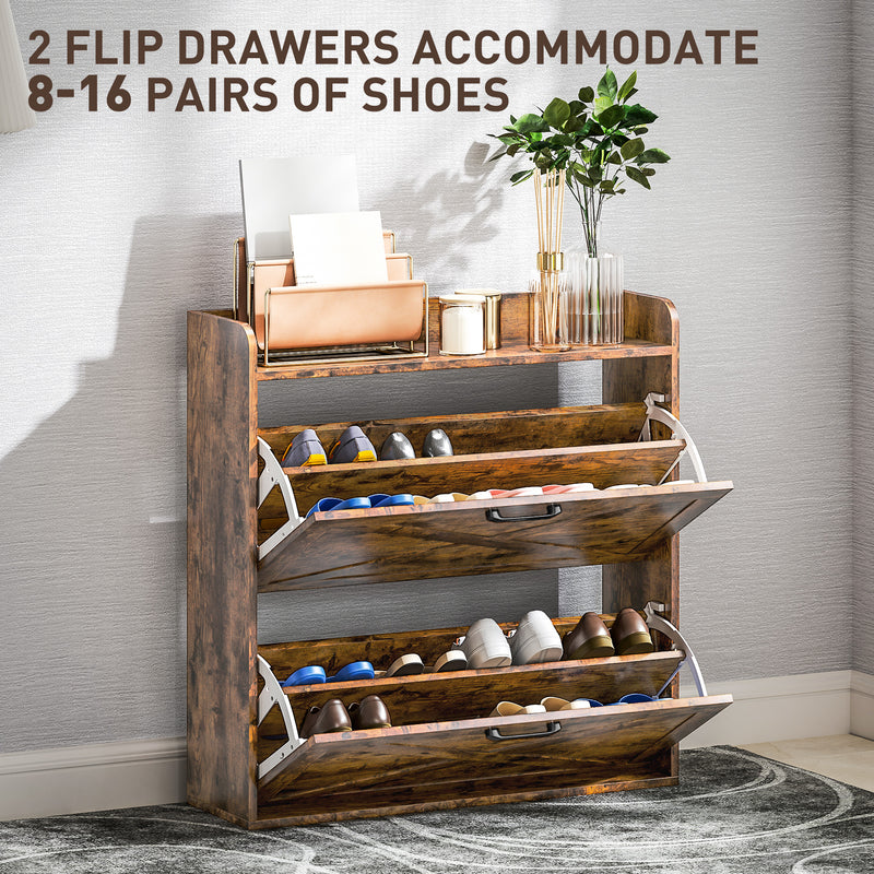 Rustic Brown Narrow Shoe Cabinet with Two Flip Drawers and Adjustable Shelves by HOMCOM