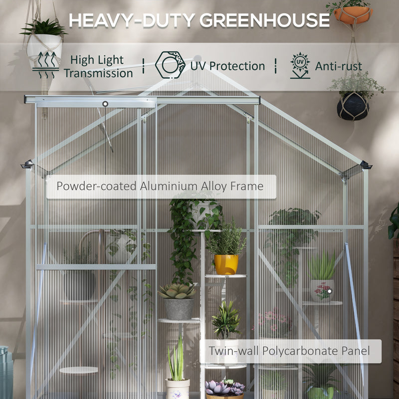 Walk In Polycarbonate Greenhouse With Sliding Door Rain Gutter And Base Frame Silver