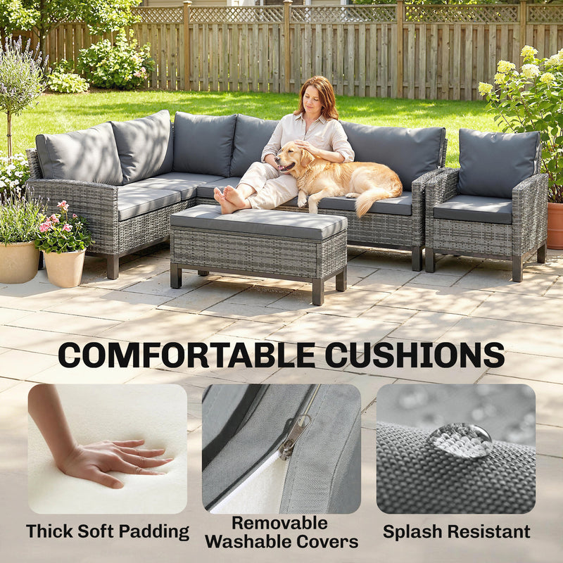 9-Seater Rattan Garden Corner Sofa Set with Cushions and Dining Table — Dark Grey or Light Grey